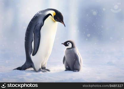 Mother penguin with her offspring. Generative AI