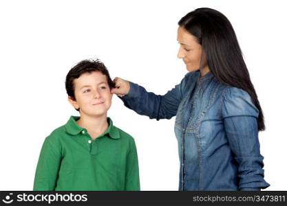 Mother pulling her child&acute;s ear for being naughty isolated on white background