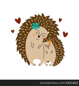 Mother&rsquo;s day. Cute hedgehog mother with a child hedgehog on a white background. Vector flat illustration perfect for a poster or postcard.
