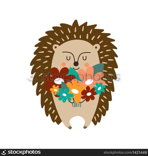 Mother&rsquo;s Day. Cute hedgehog with a bouquet of flowers in his hands. Happy birthday greeting card. Vector flat illustration perfect for poster, postcard, sticker.