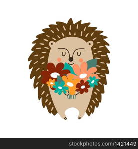 Mother&rsquo;s Day. Cute hedgehog with a bouquet of flowers in his hands. Happy birthday greeting card. Vector flat illustration perfect for poster, postcard, sticker.