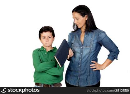 Mother saying his anger child to read a book isolated on white background