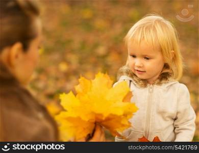 Mother showing baby fallen leaves