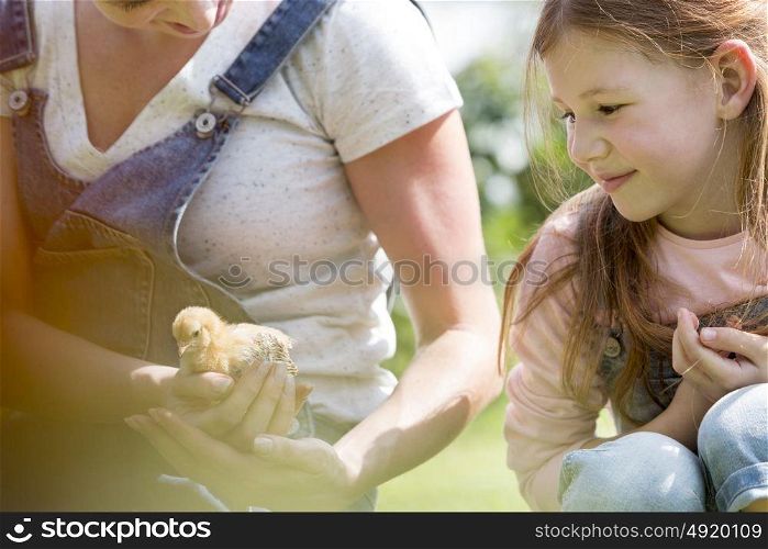 Mother showing small chick to girl at farm