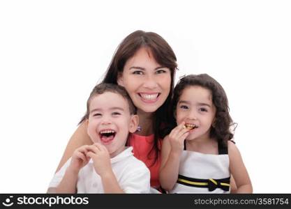 Mother, son and daughter having fun on a white background.
