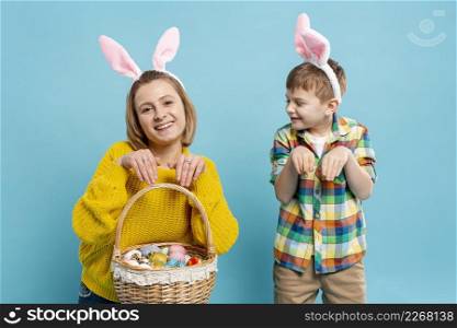 mother son imitating rabbit position