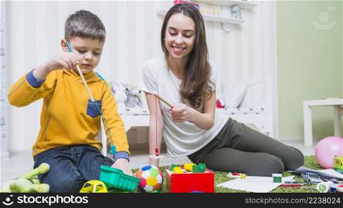mother son playing game