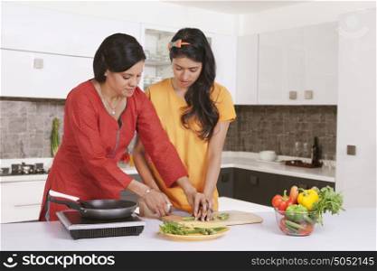 Mother teaching daughter to cut vegetables