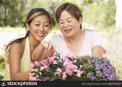 Mother With Adult Daughter Gardening Together