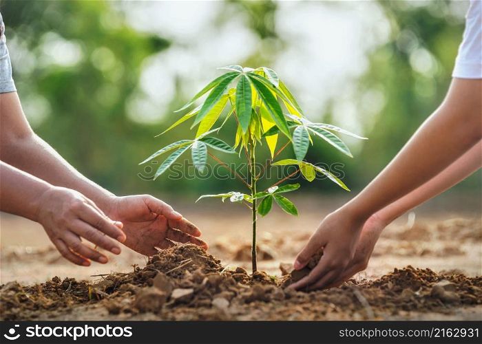 mother with children helping planting tree in nature for save earth. environment eco concept