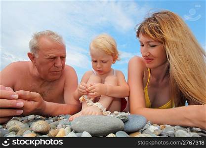 mother with grandfather and little girl on beach, wide angle