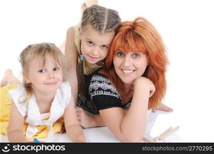 mother with her daughters. Isolated on white background