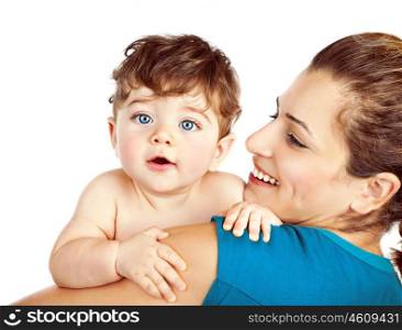 Mother with little baby isolated on white background, young beautiful mom hugging son, pretty brunet woman playing with cute small boy, smiling girl holding adorable sweet child, happy family concept