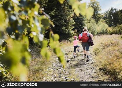 Mother with little girl hiking in mountains, actively spending summer time together