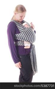 Mother with newborn baby in sling isolated on white