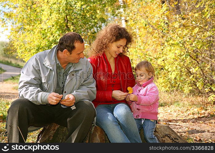 mother with the daughter and the grandfather in the park in autumn 2
