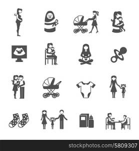 Motherhood mother and child black icons set isolated vector illustration. Motherhood Icons Set