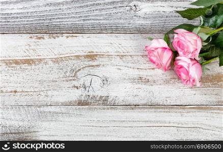 Mothers Day celebrated with pink roses on rustic white wood