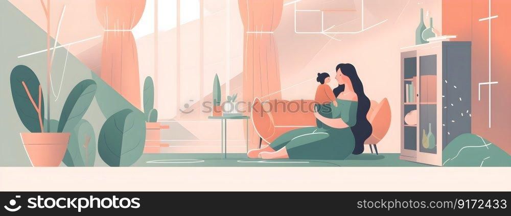 Mothers Day greeting banner Corporate Memphis flat style illustration with young mother and her child at home. AI Generated content