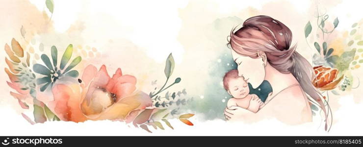 Mothers Day greeting banner watercolor style illustration with young mother and her child on floral background. AI Generated content