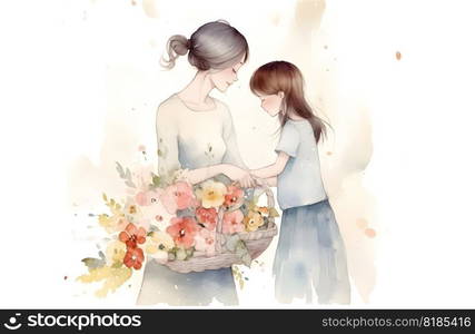 Mothers Day holiday greeting card watercolor style illustration with young mother and her little daughter giving her flowers. AI Generated content