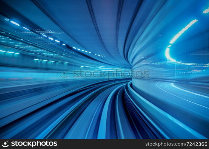 Motion blur of Automatic train moving inside tunnel in Tokyo, Japan.