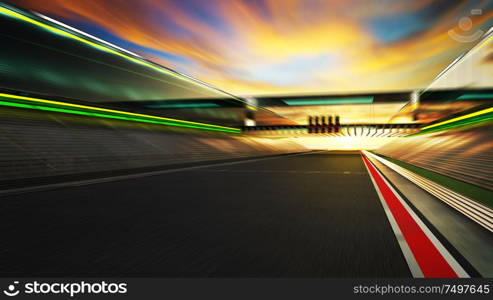 Motion blurred modern racetrack with bridge and sunset background .