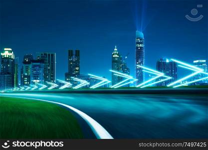 Motion blurred racetrack,cityscape night scene cold mood. with arrow light Effects.