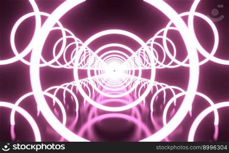 Motion graphic 4k Simple Empty Dark Futuristic Sci Fi Room dark with lights and multi circle neon light . Sci Fi Neon Glowing Lights pink and white Circle Floor Studio Stage Show Night Virtual Dark.