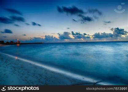 Motion of Blue sea and sky with clouds in Maldives