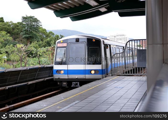 Motion of mass rapid transit arriving at the platform in Taipei Taiwan