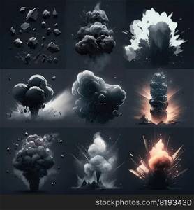 motion smoke explosion video game ai generated. cloud explode, flame flash, comic design motion smoke explosion video game illustration. motion smoke explosion video game ai generated