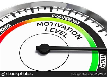 Motivation level concept - gauge gage dial close up with arrow measuring high motivation. Motivation level concept