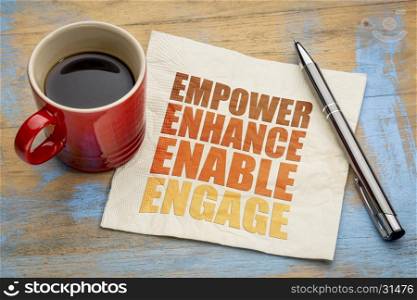 motivational leadership, coaching or business concept - empower, enhance, enable and engage word abstract on a napkin with a cup of coffee