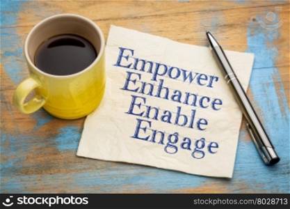 motivational leadership, coaching or business concept - empower, enhance, enable and engage words on a napkin with a cup of coffee