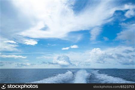 Motor boat water traces in open caribbean sea. Motor boat water traces in open caribbean sea. Travel destination. Motor boat water traces in open caribbean sea