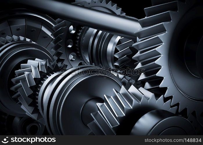 Motor, engine close-up. Gears, cogwheels, real engine elements background. Heavy industry. 3D rendering. Motor, engine close-up. Gears, cogwheels, real engine elements