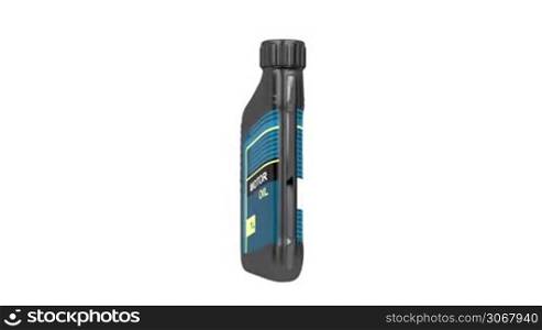 Motor oil bottle rotates on white background