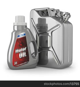 Motor oil canister and jerrycan of petrol or gas. 3d
