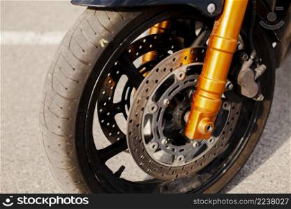 motorbike wheel closeup view