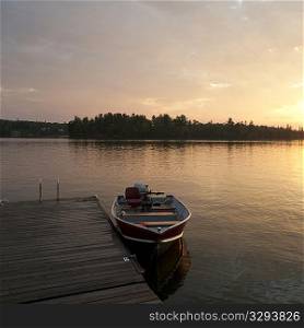 Motorboat at the dock in Lake of the Woods, Ontario
