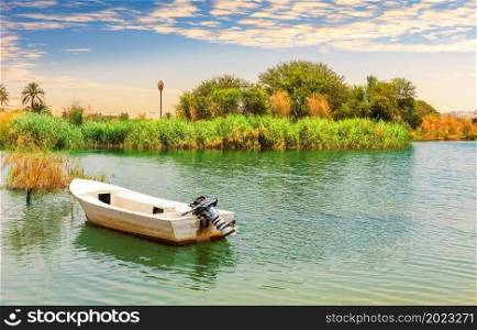 Motorboat in the Nile, beautiful green banks near Aswan, Egypt.
