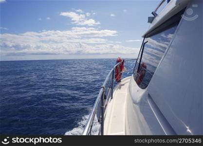 motorboat side view with ocean sea reflection on window glass