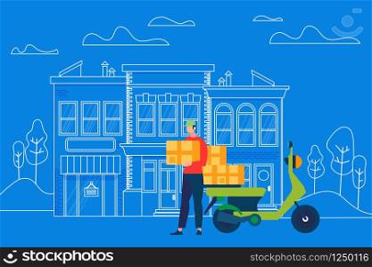 Motorcycle Fast Delivery Service. Man Courier Character Bring Box Parcel to Address on Outline Street Building Blue Background. Express Goods Shipping, Online Order. Cartoon Flat Vector Illustration.. Man Courier Character Bring Box Parcel to Address