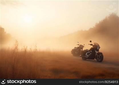 motorcycle in the fog. Neural network AI generated art. motorcycle in the fog. Neural network AI generated