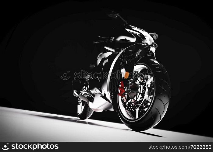 Motorcycle on black background. Speed, extreme sports, transportation, brandless vehicle. 3D illustration.. Motorcycle on black background.