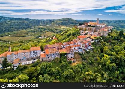 Motovun. Aerial view of idyllic hill town of Motovun and Mirna river valley. Istria region of Croatia