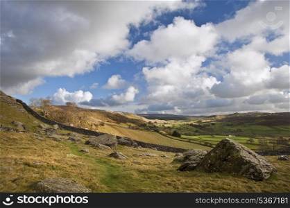 Moughton Scar and Wharfe Dale viewed from Norber Erratics in Yorkshire Dales National Park