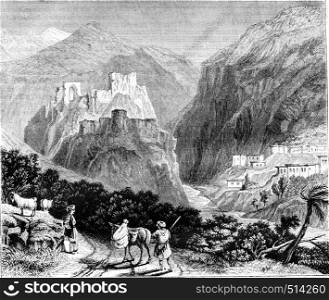 Mount Amanus. View of a castle in ruins, vintage engraved illustration. Magasin Pittoresque 1844.