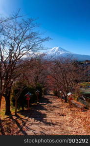 Mount Fuji and blue sky autumn view from Chureito Pagoda walking trail at Arakurayama Sengen Park in Shimoyoshida - Fujiyoshida near Kawaguchigo